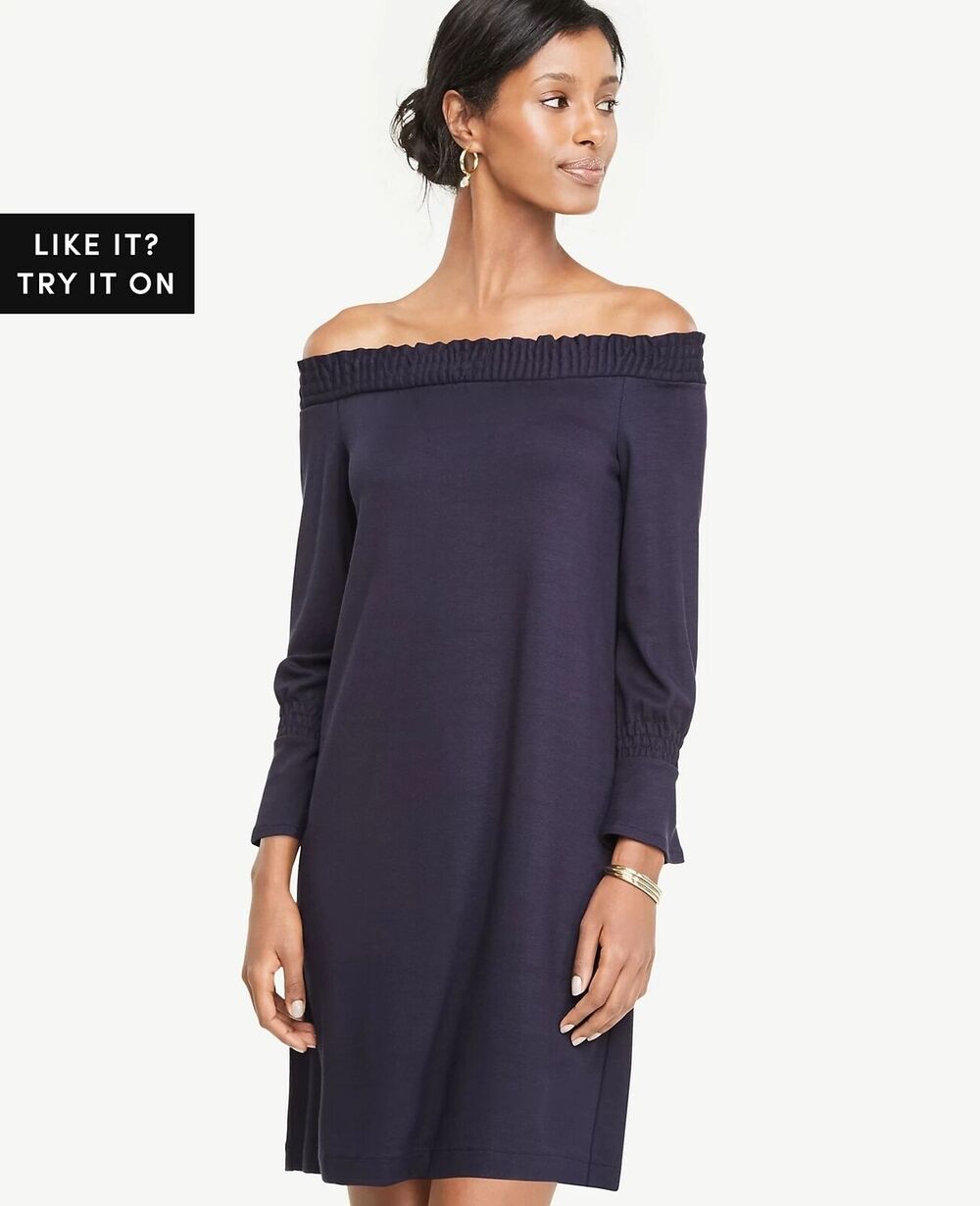 Ann Taylor Smocked Off The Shoulder Dress Blue Bell Sleeve Ponte Knit Womens XL